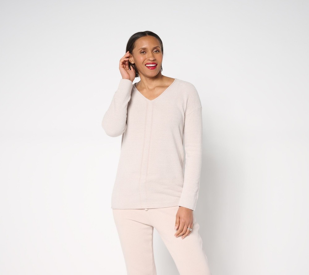 Barefoot Dreams Women's Top Sz L CozyChic Ultra Lite V-Neck Tunic White A672672