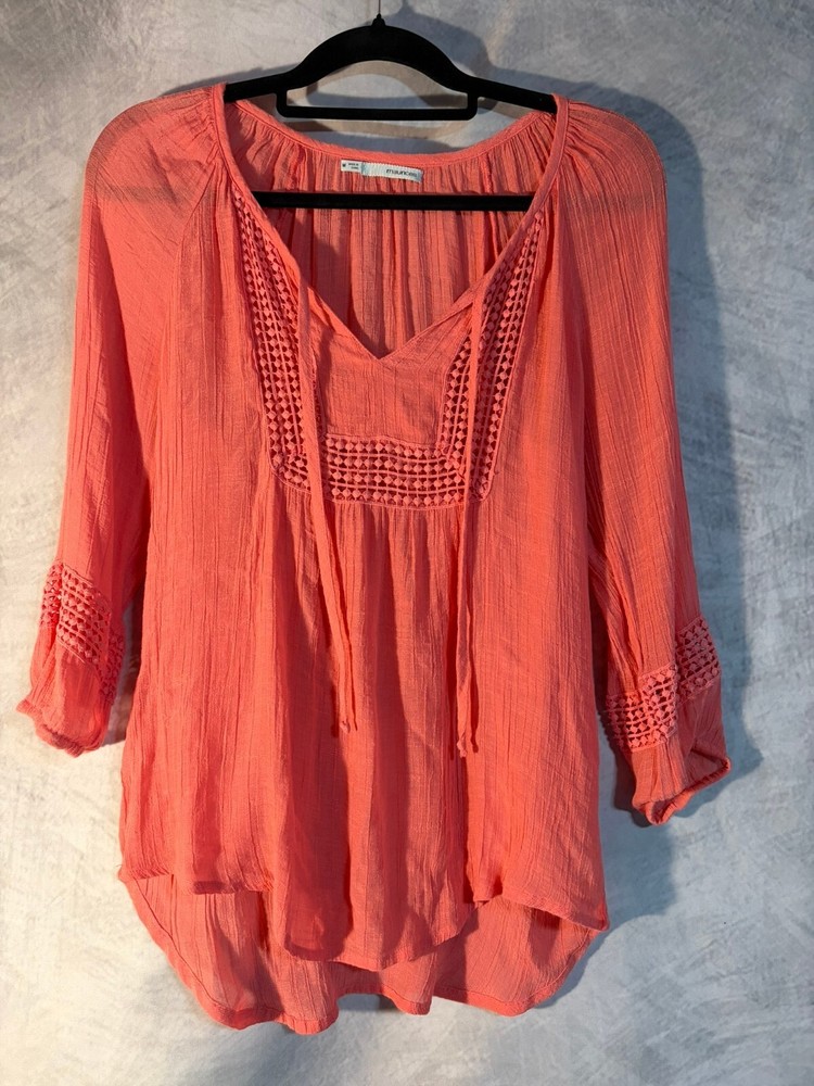 Maurices Coral Peasant Blouse Women's Medium 3/4 Sleeve Crochet Boho Top