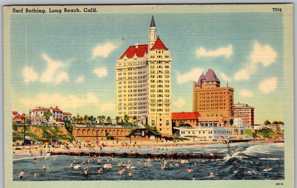 Vtg Linen Postcard Surf Bathing Hotel Skyline Long Beach, CA 1930s