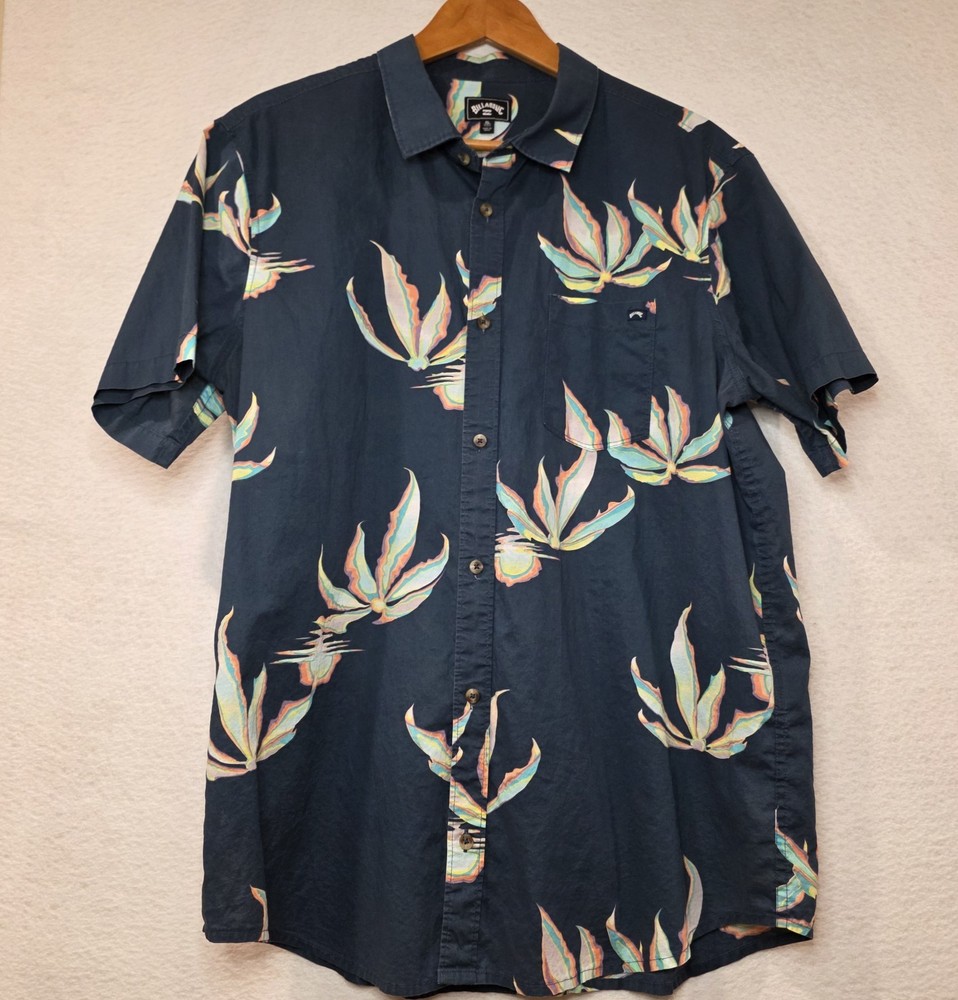 Billabong Hawaiian Blue & Multicolored Floral Hibiscus Button-Up Shirt XL Men's