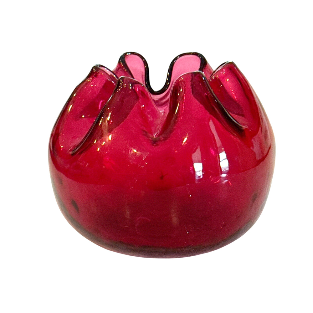 Vintage Red Cranberry Crimped Rim Rose Bowl Hand Blown Glass Vase Decorative 4