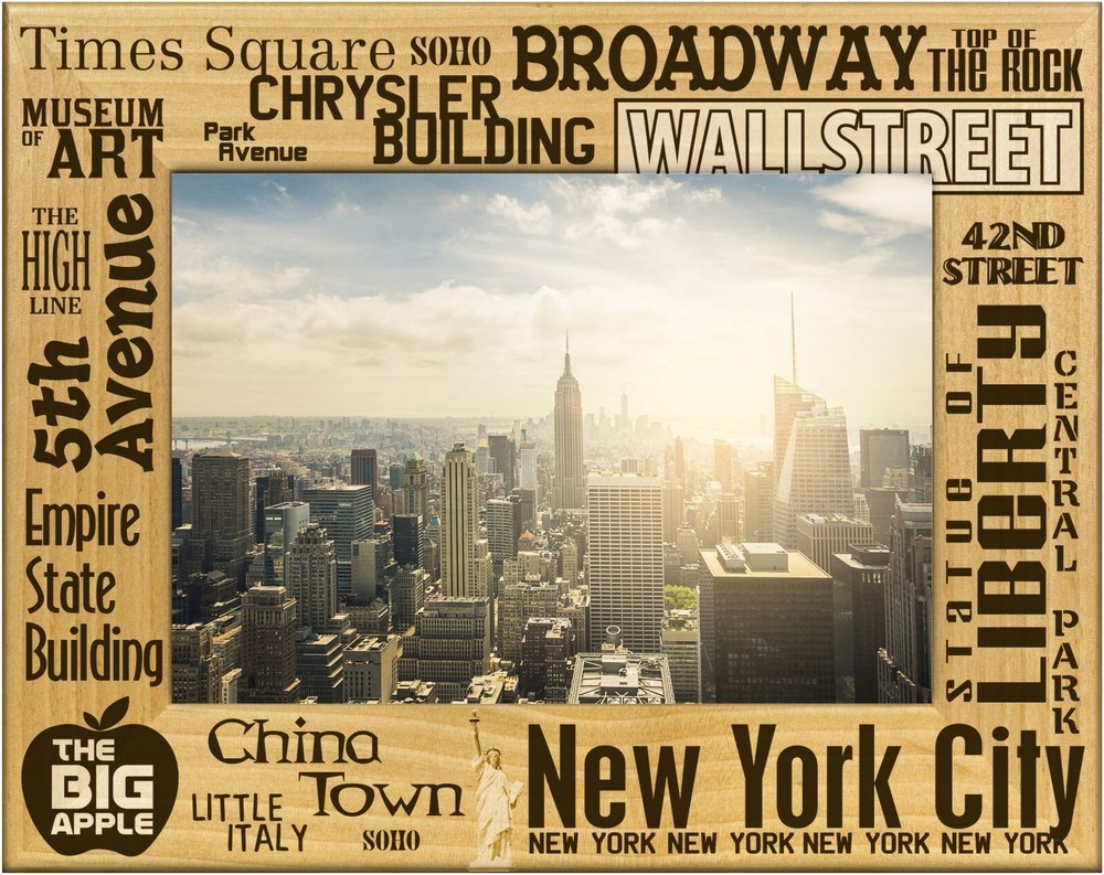New York City Key Places Laser Engraved Wood Picture Frame Landscape (4 x 6)