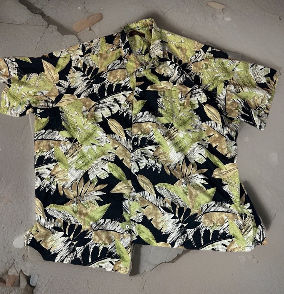 Tori Richard Cotton Green White Palm Trees Short Sleeve Button Up Shirt Mens