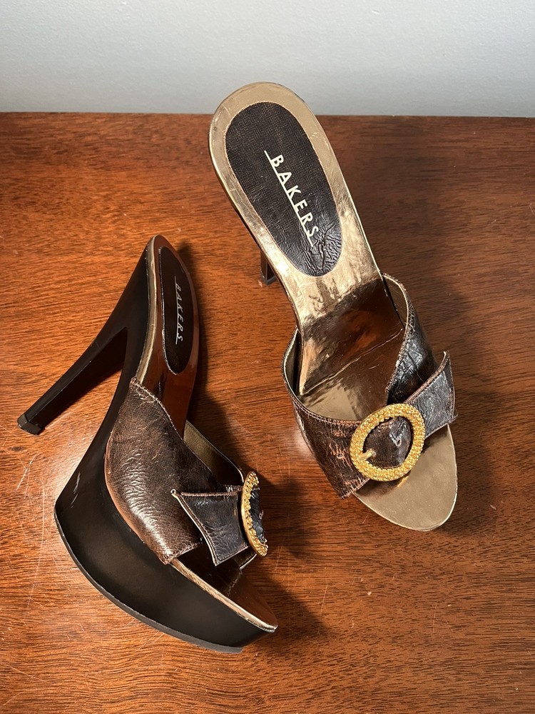 Women's Y2K Brown Heeled Slip On Open Toe Leather Sole Sandals 6.5 Summer Mule