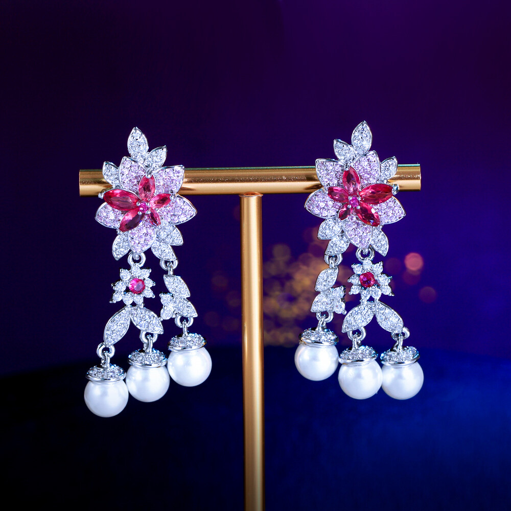 Rose Red Pink Flower Pearl Dangle Drop Earrings Silver Plated Bridal CZ Jewelry