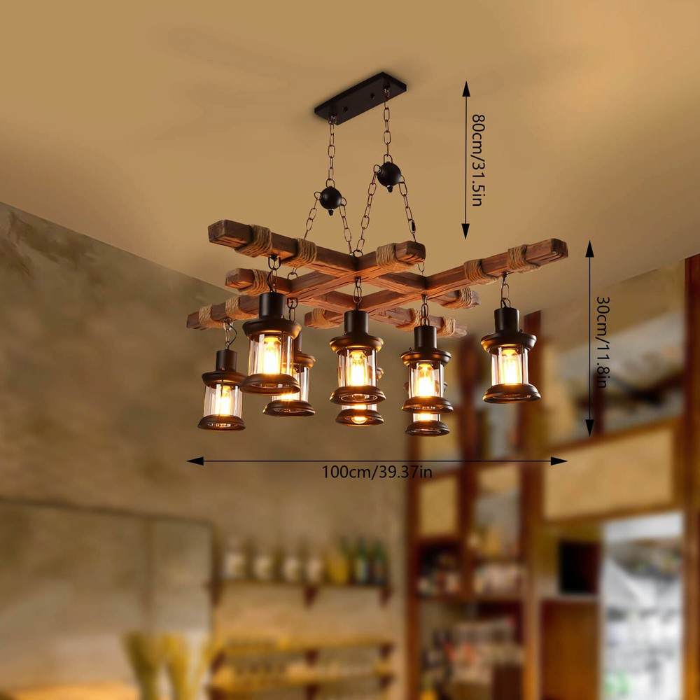 Farmhouse Wood Rope Chandelier with 8 Lights Island Pendant Fixture