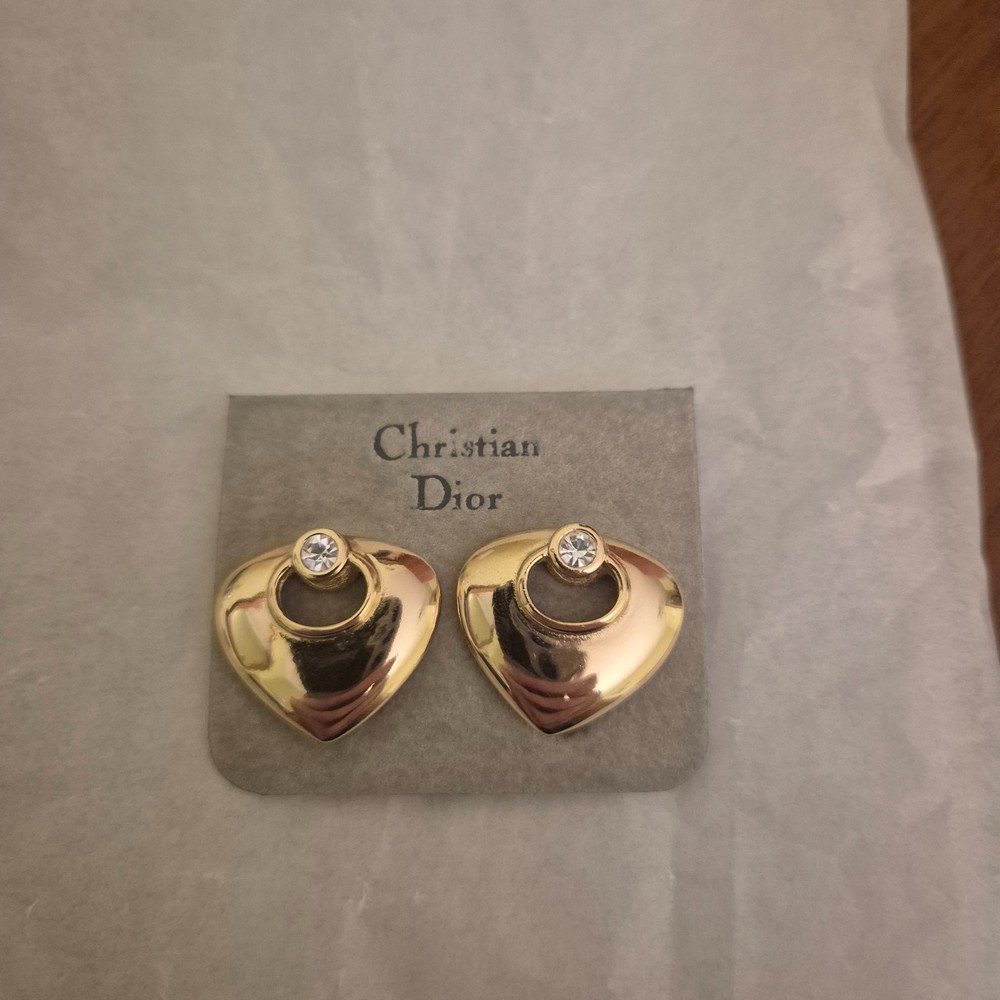 Authentic Vintage Christian Dior Heart Earrings Clips Gold Tone Crystal Germany