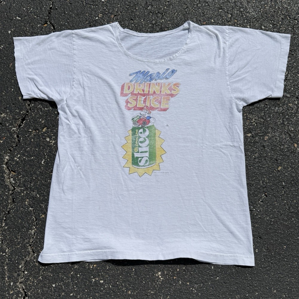 1989 Nintendo licensed “Mario Drinks Slice Shirt” Men’s Large 27x 21