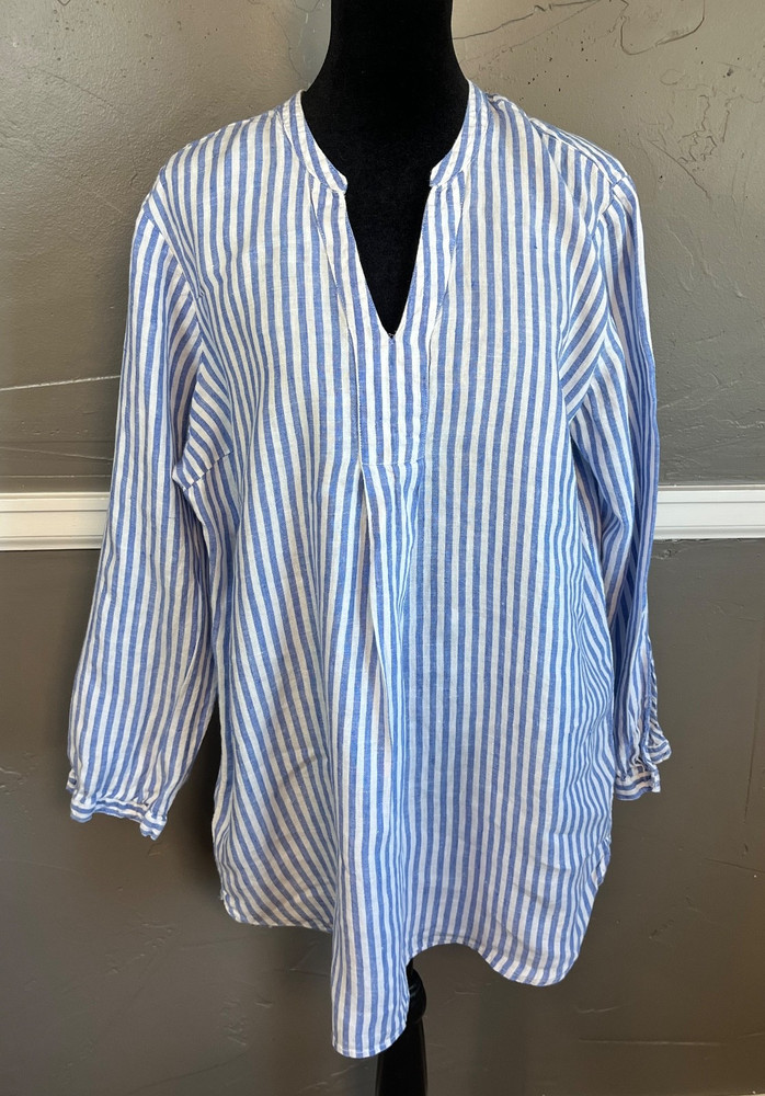 LL Bean Linen Top Women's Size L Blue & White Striped Popover Coastal Beach