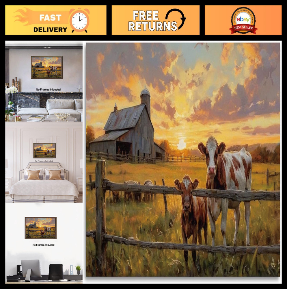 Rustic Farm Landscape Canvas Print - Barn Cows Sunset Scene, Vintage Country Dec