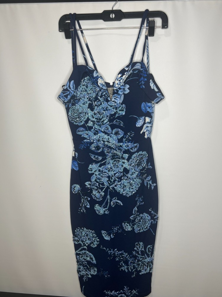 Premier Amour Navy Blue Floral Beaded Bodycon Dress Size 4 Formal Cocktail