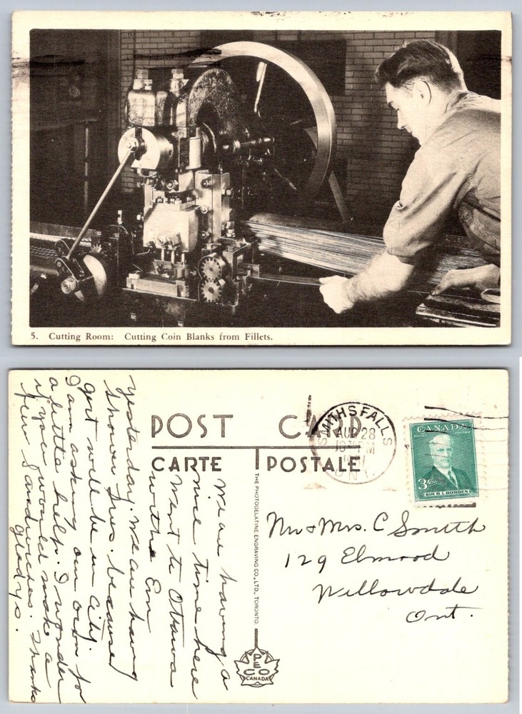 1940s Canada Coin Blank Cutting Room Smiths Falls Postcard PECO