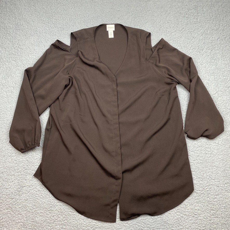 Chico's Top Womens Size L Brown Cold Shoulder Button Front  Long Sleeve V Neck
