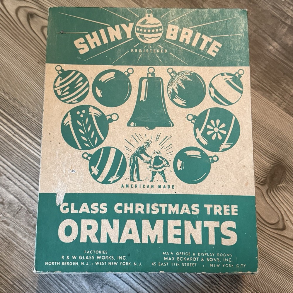 Vintage Shiny  Brite Christmas Box – 12  Ornaments Green Made In Poland