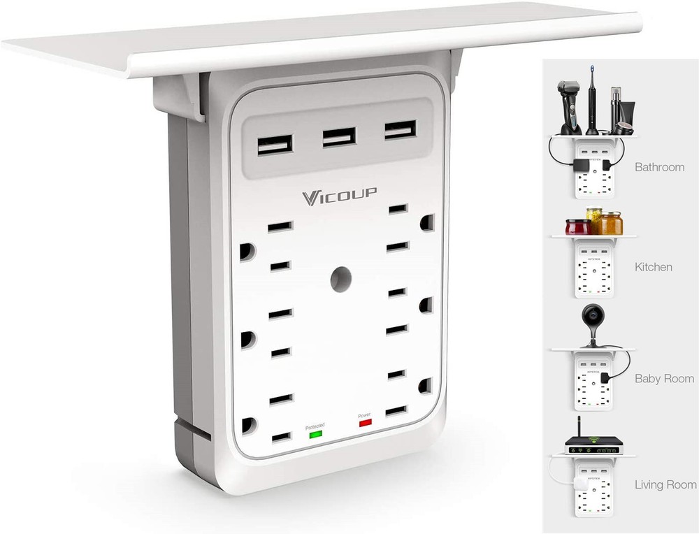 VICOUP Multi Plug Wall 6 Outlet Surge Protector 1080J with 3 USB Ports and Shelf