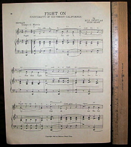 UNIVERSITY OF SOUTHERN CALIFORNIA USC Trojans Song Sheet c1945 