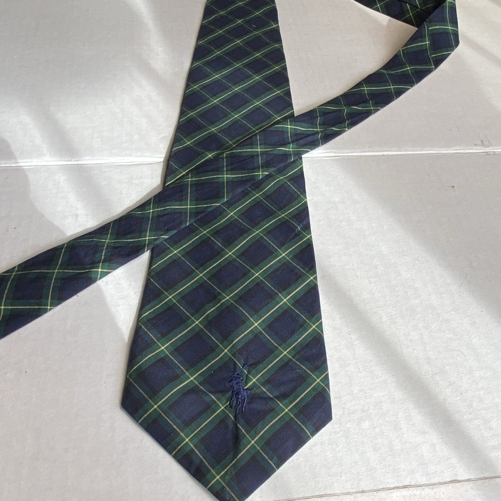 Polo Ralph Lauren Men's Silk Necktie Blue Green Plaid Polo Pony Logo