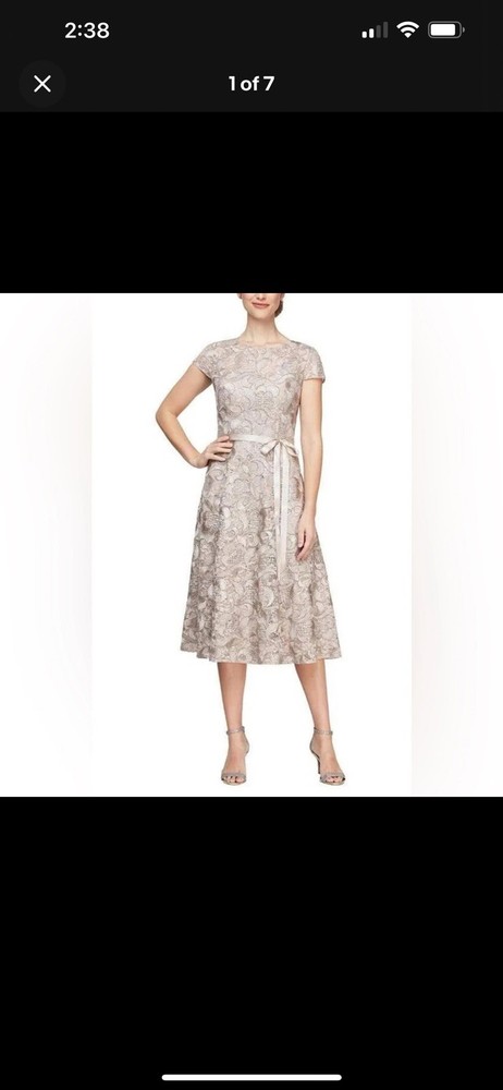NWT ALEX EVENINGS Tea Length Applique Dress with Cap Sleeves Champagne Size 12