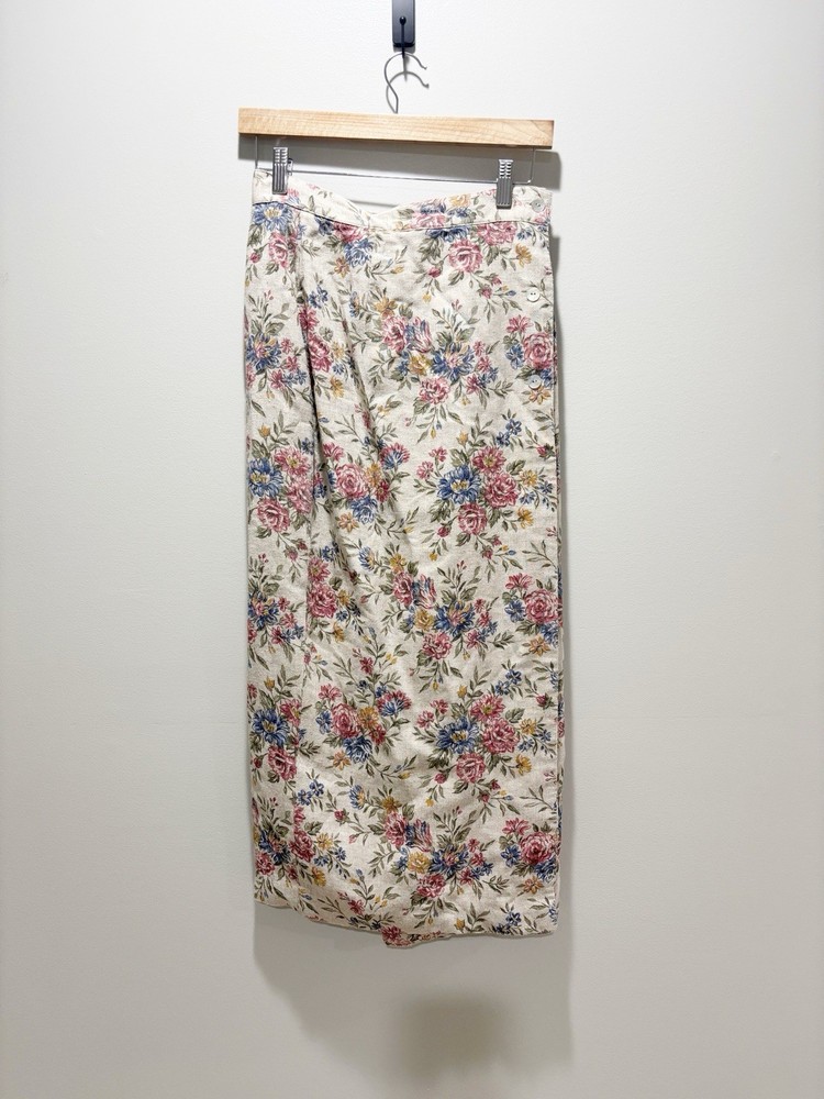 HERILOOMS • Vintage Women’s Linen Blend Floral Print Midi Pencil Skirt Size 8