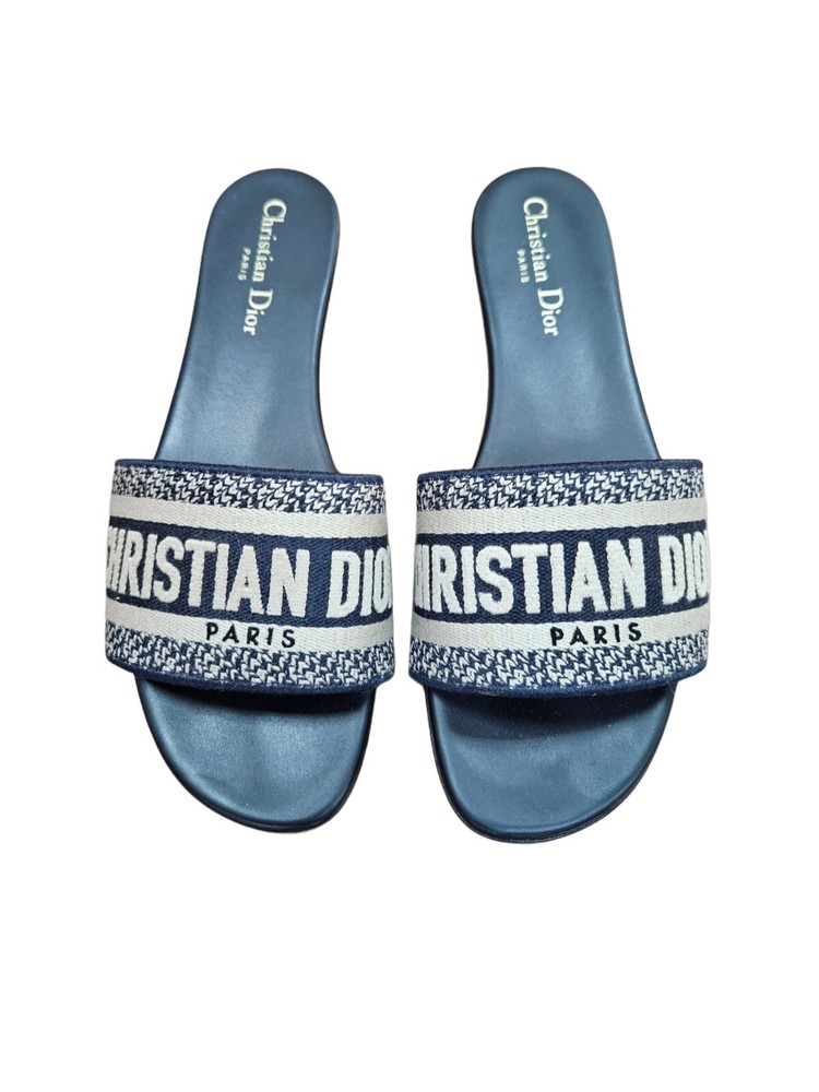 Christian Dior Navy Logo Embroidered Dway Flat Sandals