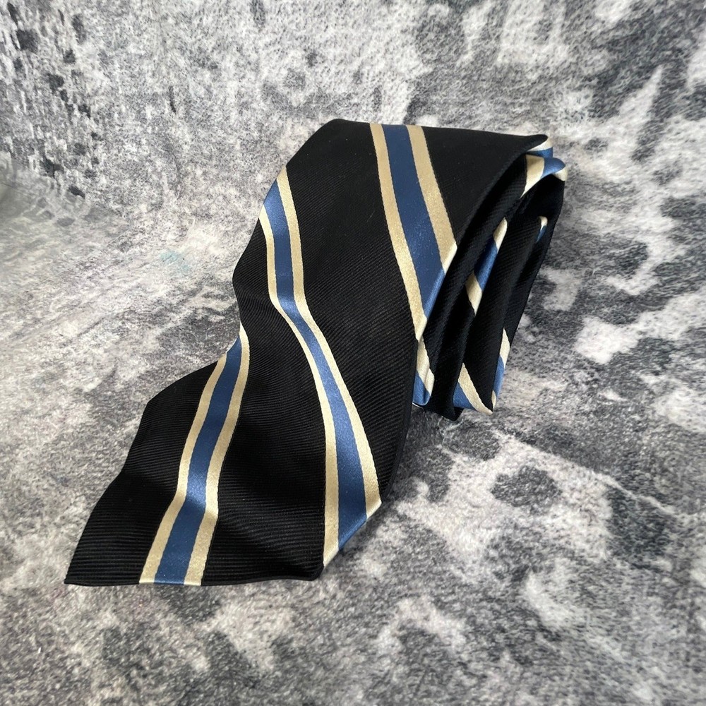Vintage Polo Ralph Lauren Silk Tie Black Blue Beige Repp Stripe Classic Preppy