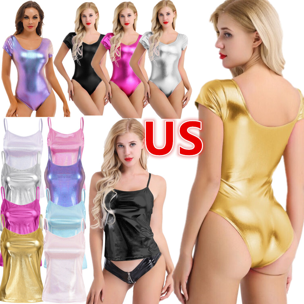 US Women's One Piece Shiny Metallic Dance Leotards Gymnastics Bodysuit Swimwear