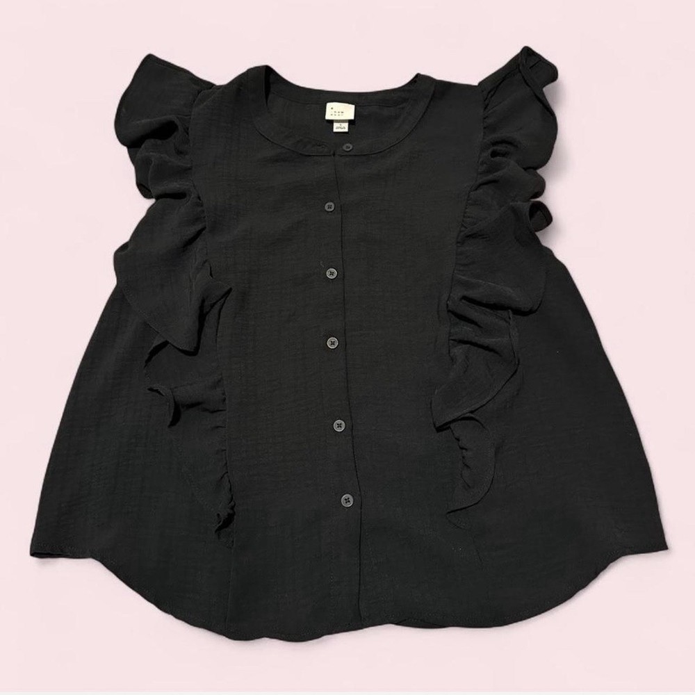 A New Day Flutter Sleeve Blouse Size Large Black Ruffle Keyhole Back Minimalist