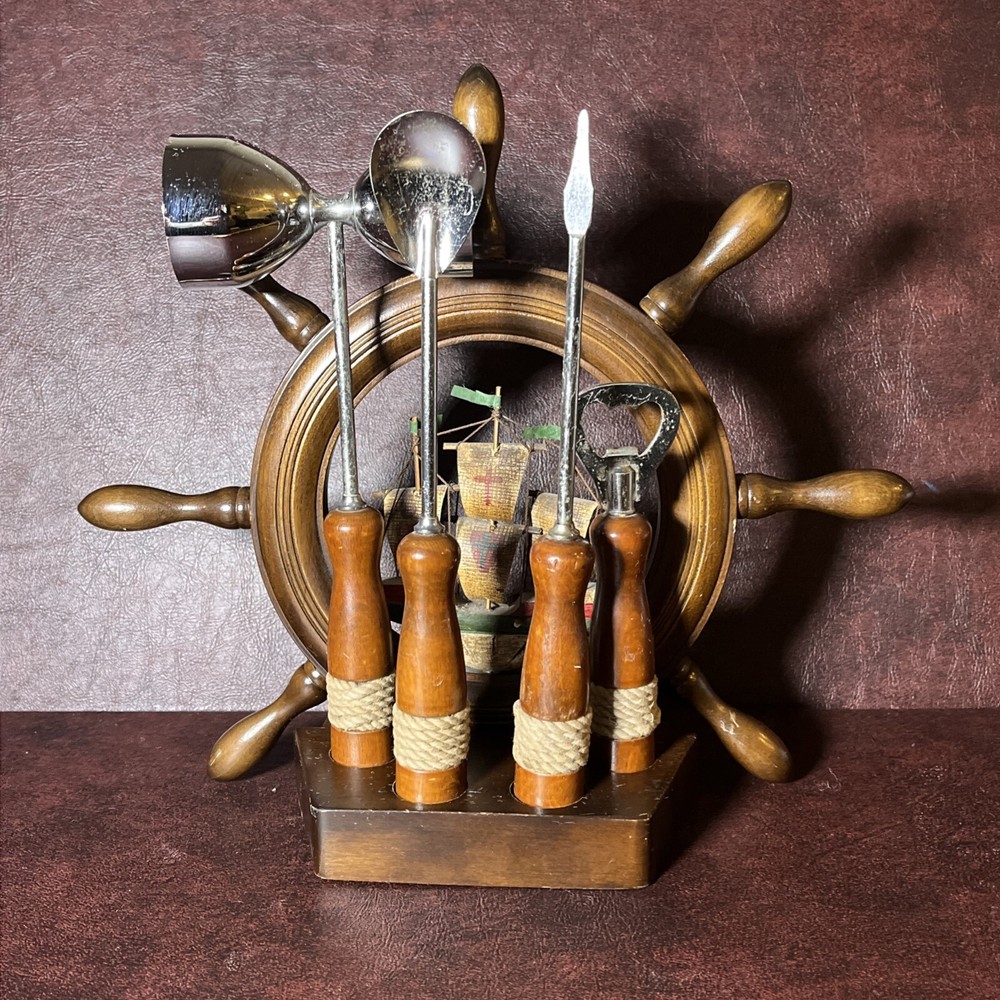 Vintage Nautical Ship Wheel Barware Wood And Metal Bar Tool Set VGUC MCM