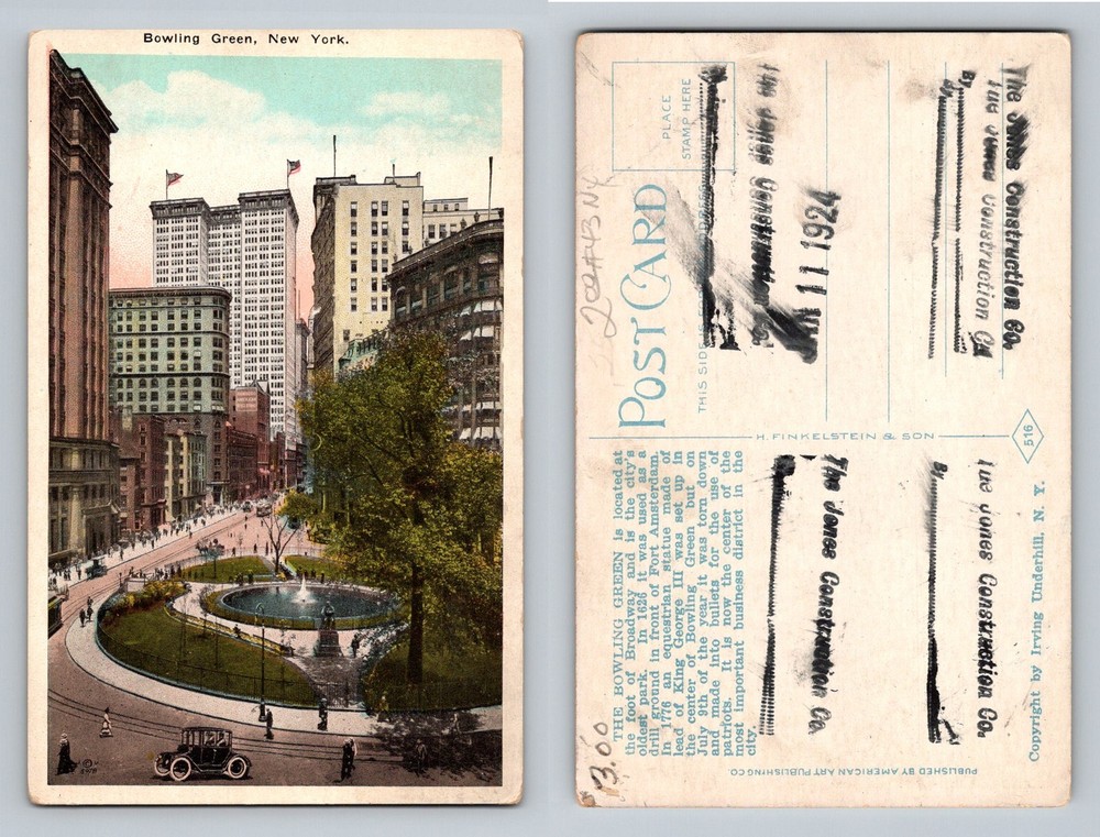 Bowling Green, NY-New York, Fountain Park View Vintage Postcard
