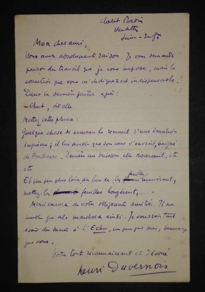 DUVERNOIS Henri - SIGNED AUTOGRAPH LETTER, ABOUT A MANUSCRIPT TO BE MODIFIED
