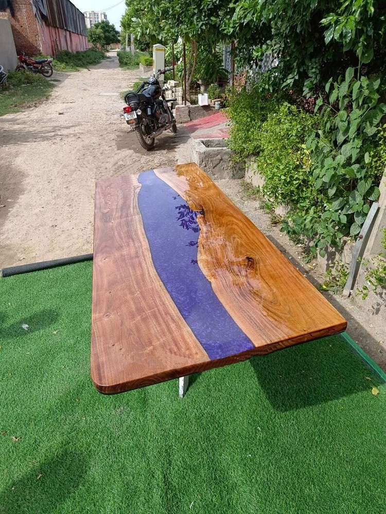 Acacia Wood Blue Epoxy Table Top Countertop Desk Resin River Table Hallway Decor-image