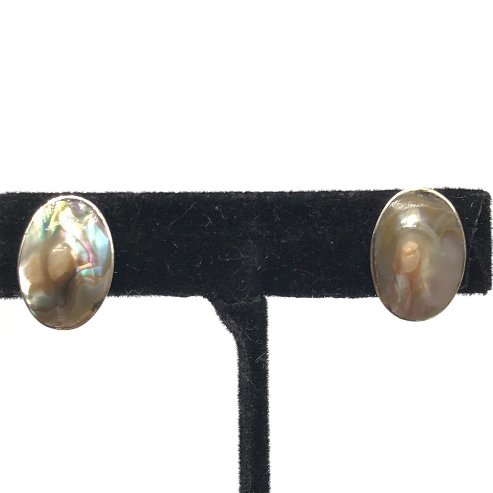 Vintage 925 Sterling Silver Abalone Blister Pearl Oval Screw Back Earrings
