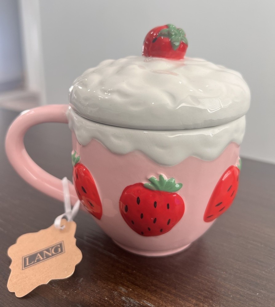 Pink Strawberry With Cream Coffee/Tea Ceramic Mug Cover Lid Hand Painted By LANG