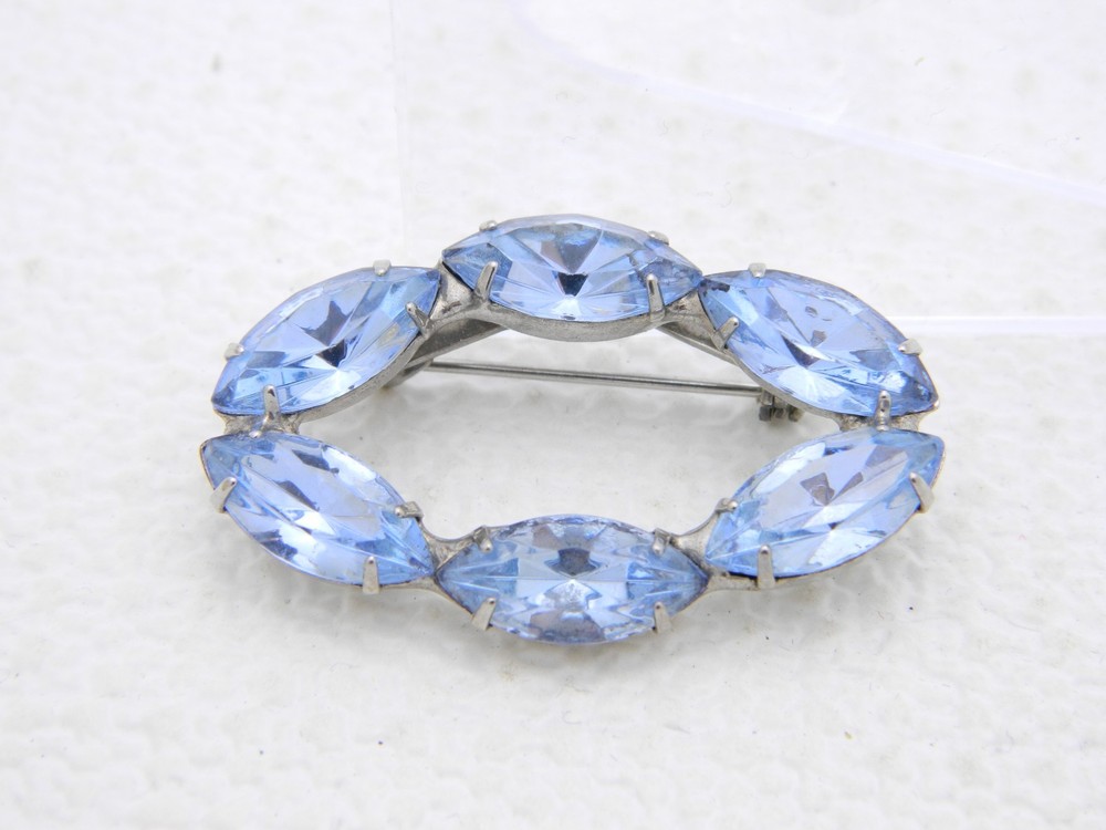 VTG .925 Sterling Silver Blue Glass Rhinestone Wreath Pin Brooch