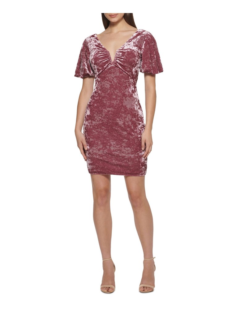 GUESS Womens Burgundy Shirred At Neck Line Pouf Sleeve Short Body Con Dress 8