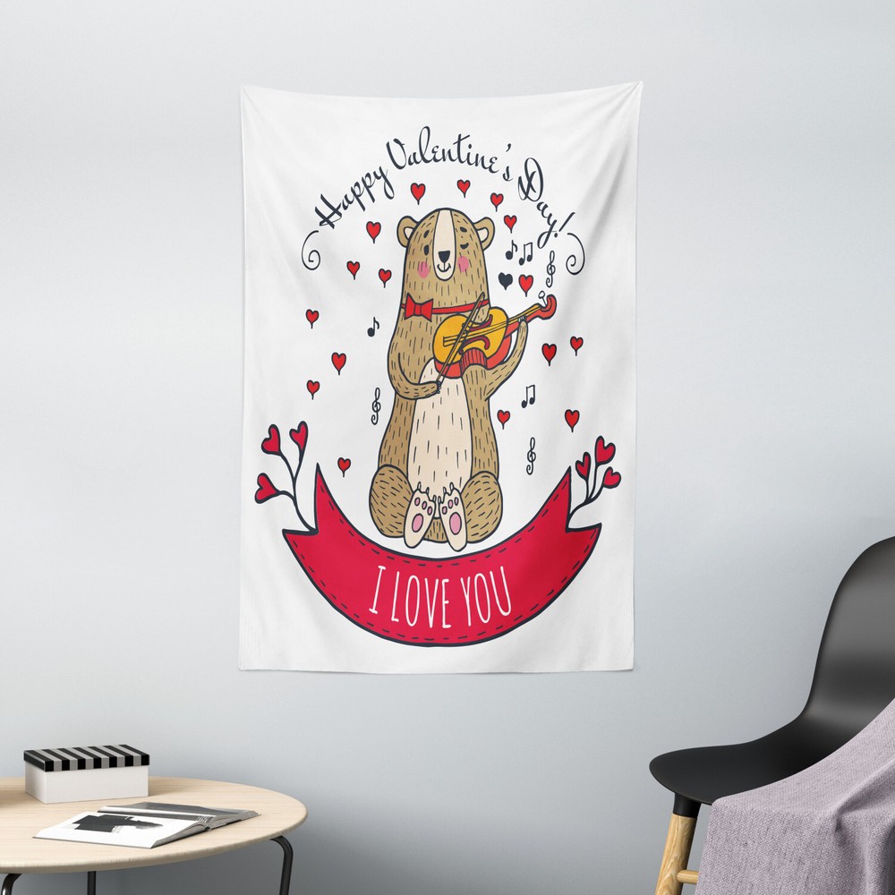 Valentines Day Tapestry Bear and Violin Print Wall Hanging Decor