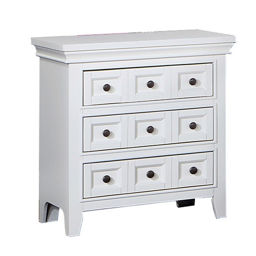 Benjara Cile 26 Inch Wood Nightstand with 3 Drawers and Round Nickel Handles