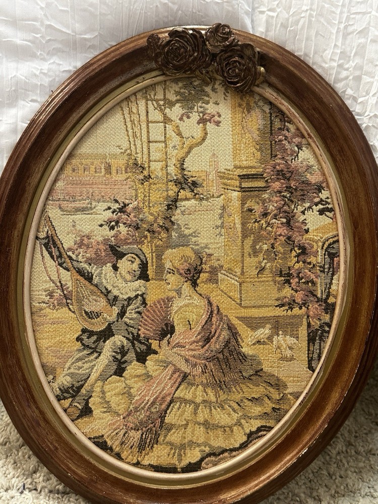 Vintage Antique Victorian Needle Point Seranade Scene Embroidery Art Oval Fram