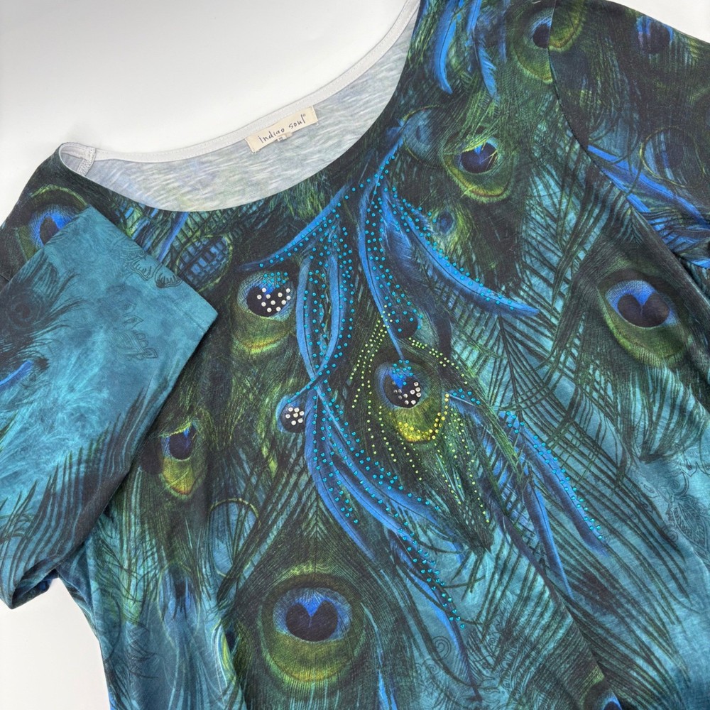 Indigo Soul XL Women Peacock Feather Print Sheer  Tunic Rhinestone Embellished
