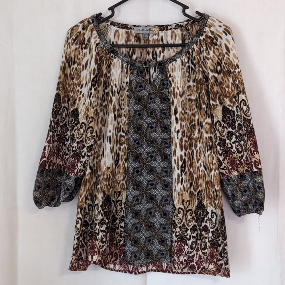 Figueroa and Flower Leopard Block Pattern Studded Front Blouse Size Medium