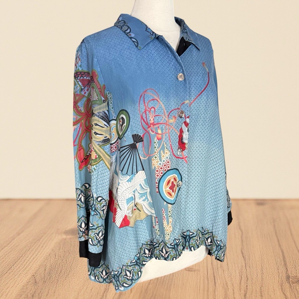 Citron Santa Monica 100% Silk Crane Print Blouse Top Sz L Denim Blue and Black