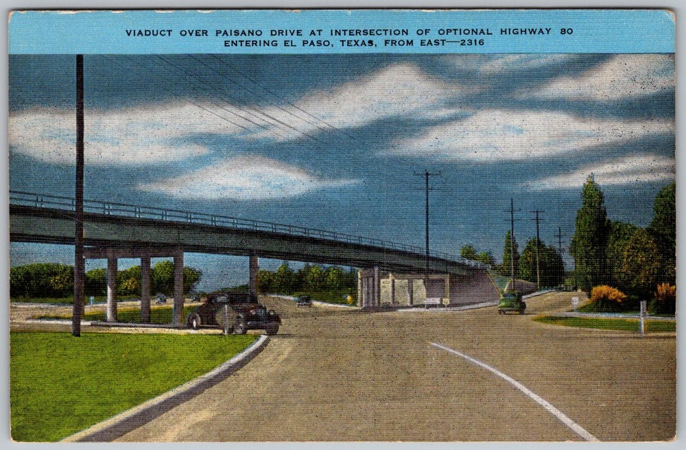 Vtg Linen Postcard Viaduct Over Paisano Drive El Paso, TX 1930s