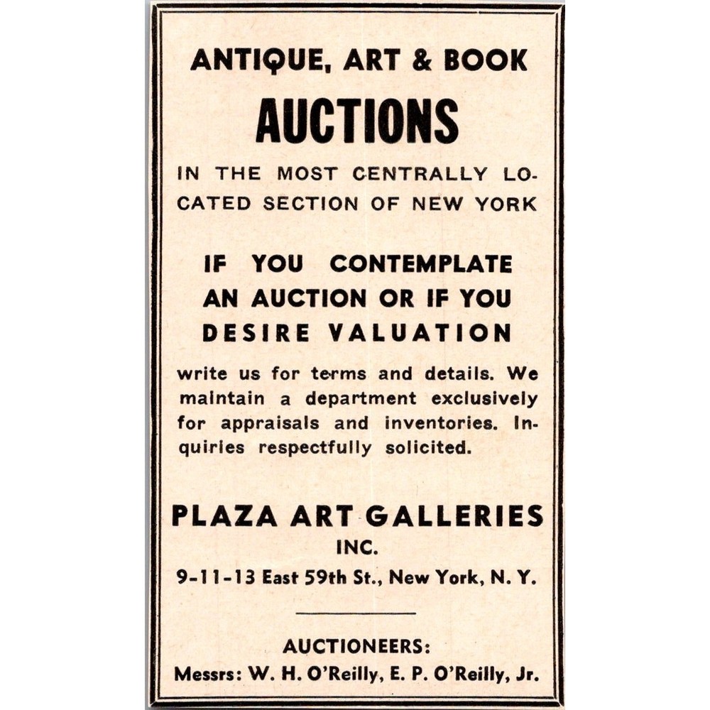 Plaza Art Galleries Inc Antique Auctions WH O'Reilly New York NY 1943 Ad SAJ5-M4