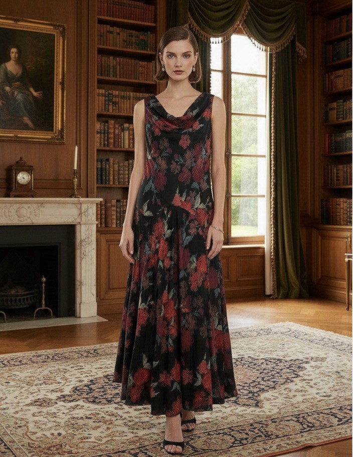Robbie Bee Draped Neck Asymmetrical Dress Women’s Size 10 Romantic Whimsy Floral