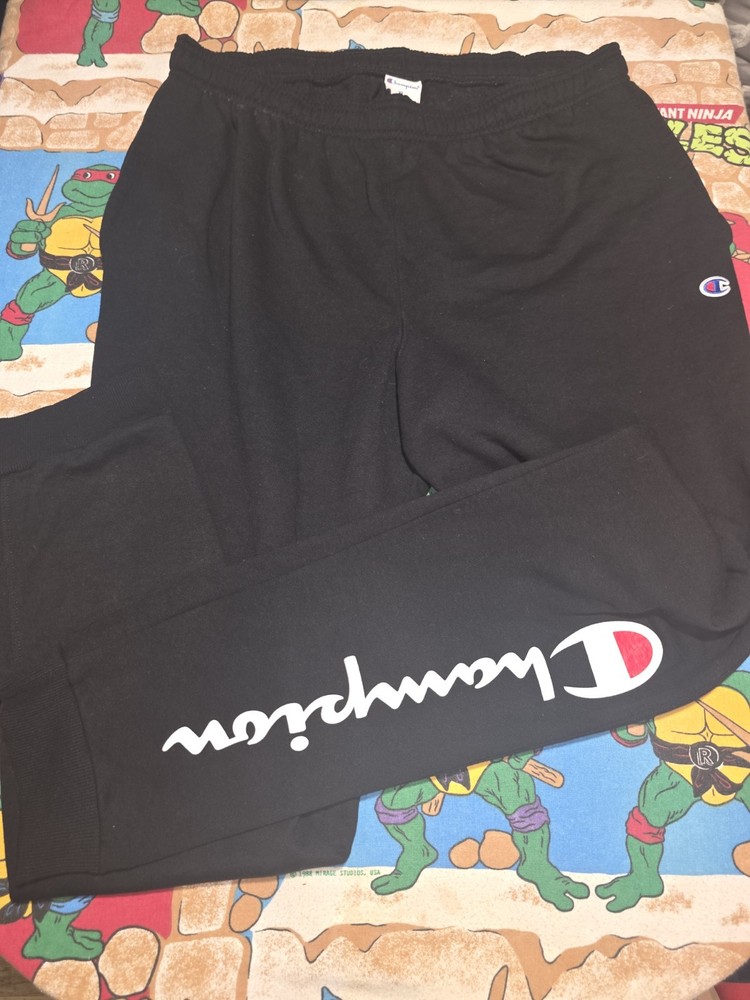 Champion Mens Black Athletic Jogger Sweatpants XL Large Logo Print Drawstring
