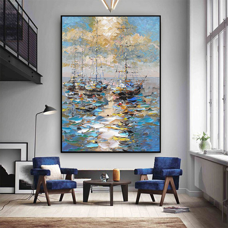 Hand Painted Oil Painting Smooth Sailing Modern Painting Landscape Scenery Home