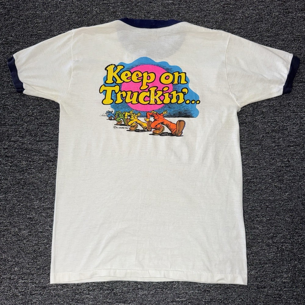 Vintage 70s RARE Just Keep Trucking R Crumb White Ringer GRAIL Shirt Mens Sz L