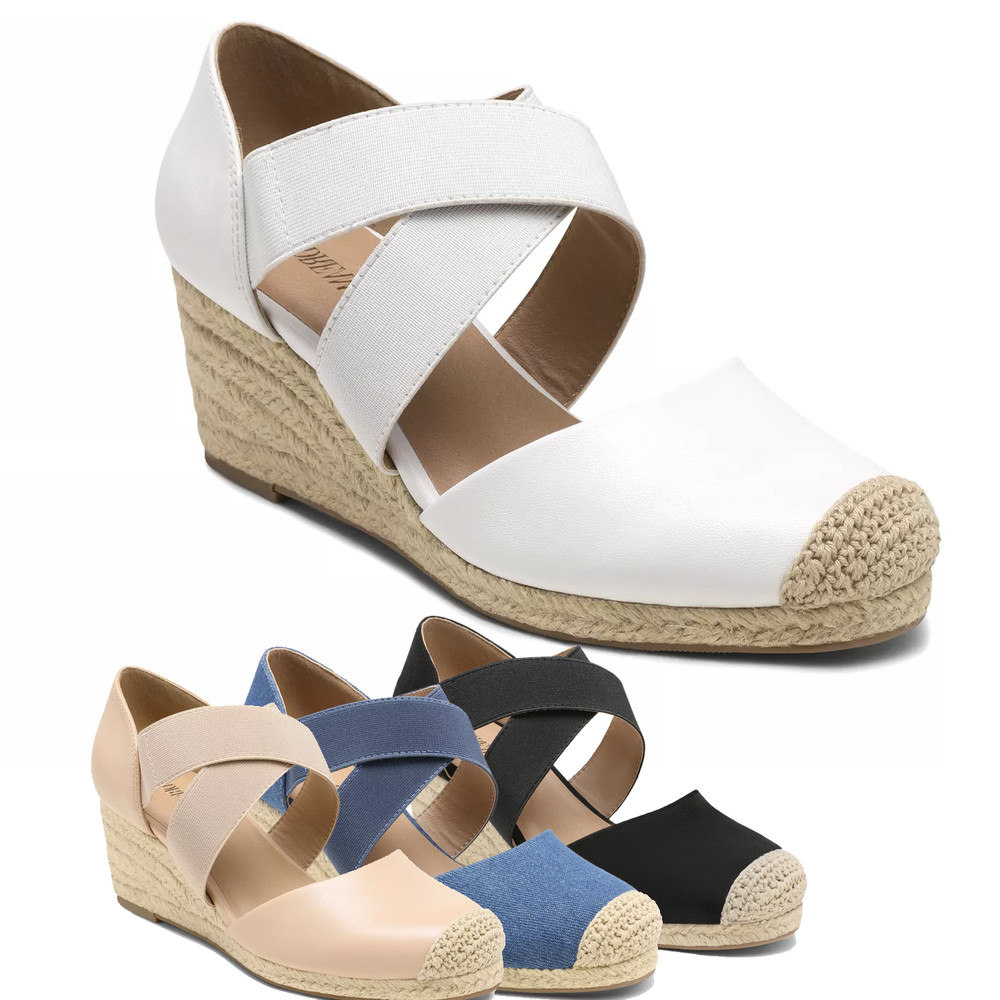 Women Espadrilles Platform Wedge Sandals Elastic Strap Close Toe Dress Shoes