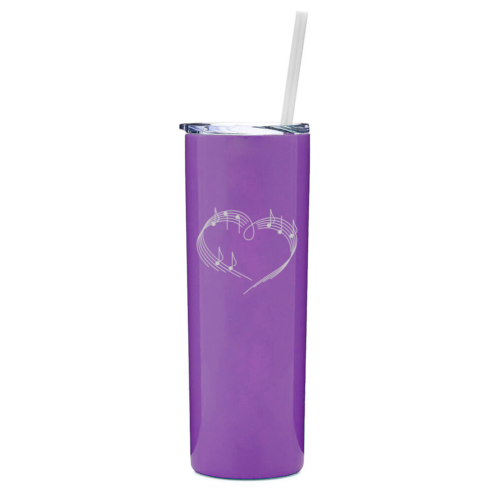 20 oz Skinny Tumbler Stainless Steel Travel Mug w Straw Heart Love Music Notes