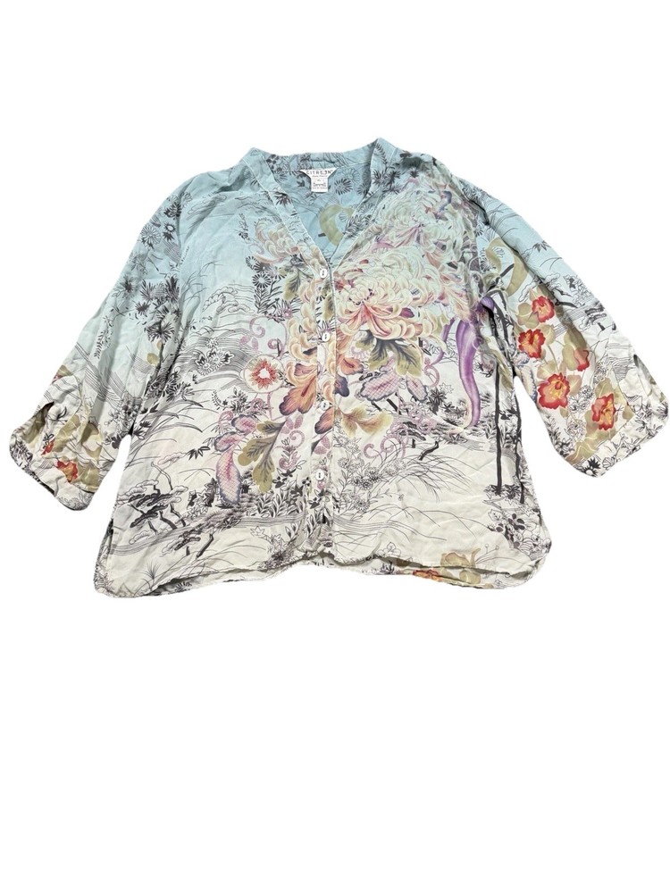 Citron 100% Silk Floral Print Short Sleeve Button Down Blouse Women Size XL Blue